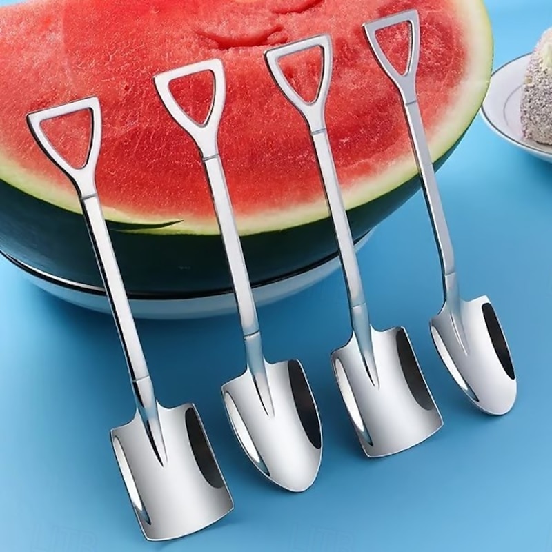 4pcs Stainless Steel Shovel Spoon, Creative Cute Mini Shovel Dessert Spoons, Household Stainless Steel Tableware for Watermelon, Ice Cream, Couples
