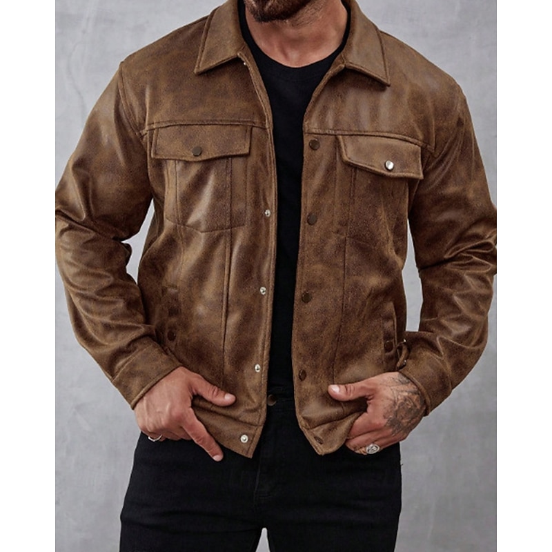 Men's Faux Leather Jacket Faux Suede Jacket Vacation Daily Windproof Warm Pocket Fall Winter Plain Fashion Classic Lapel Regular Brown Jacket2
