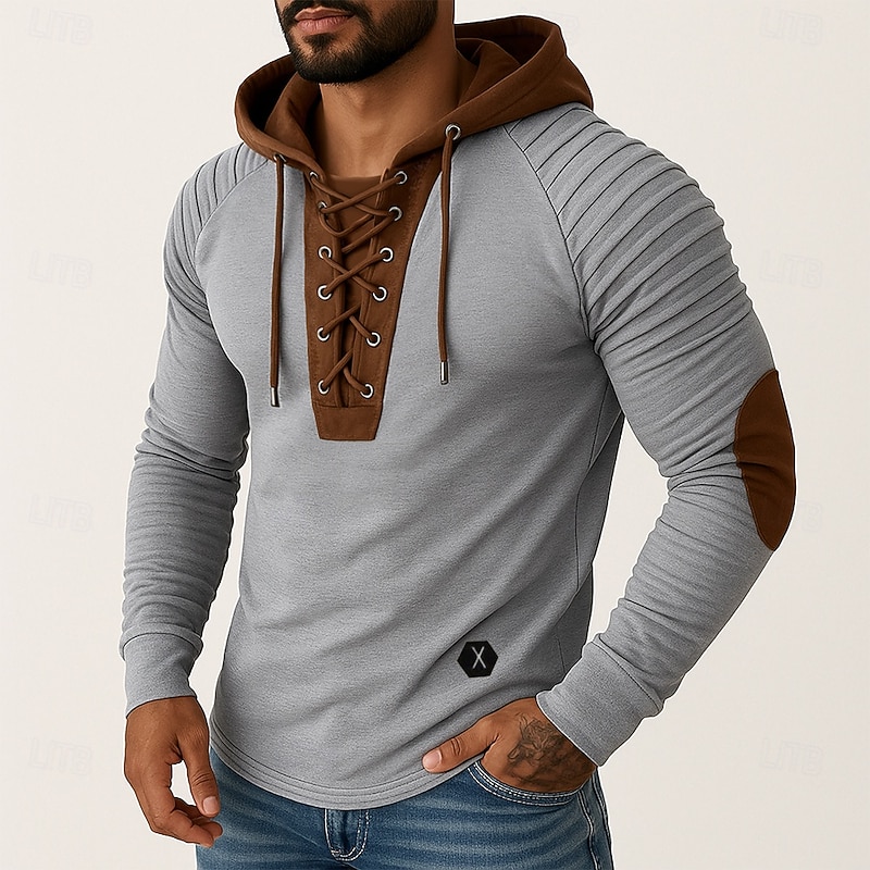 Men's T Shirt Tee Top Long Sleeve Shirt Long Sleeve Hooded Spring &  Fall All Seasons Color Block Slim Pleated Designer Vintage Style Casual Lace up Patchwork Vintage Style Vacation Street Casual