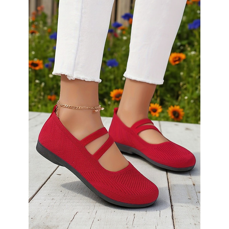 Women's Wide Width Red Flyknit Mary Jane Flats – Breathable Round-Toe Comfort Shoes for Christmas , Garden and Travel