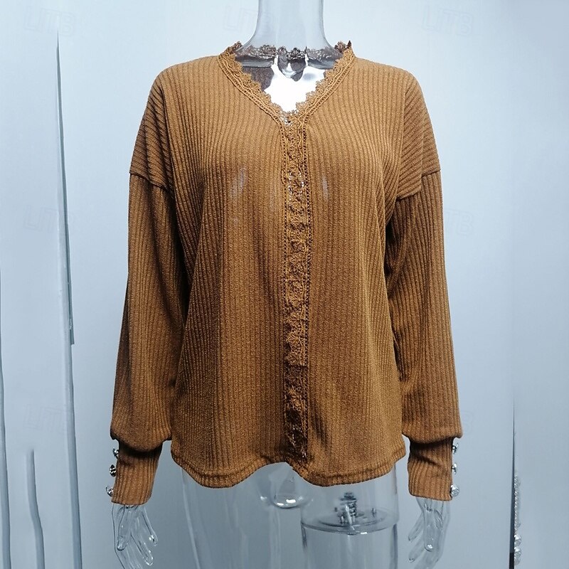 Women's Sweater Fashion Solid Color Ribbed V Neck Knitted Long Sleeve Regular Tops Knit Holiday Going out Weekend Wine Red Fall2