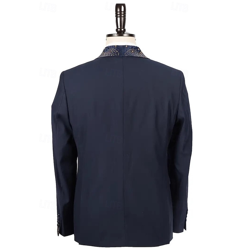 Men's Wedding Stage Party Suits Shawl Lapel Blue Formal Solid Colored Slim Fit 3 Piece Single Breasted One-button3