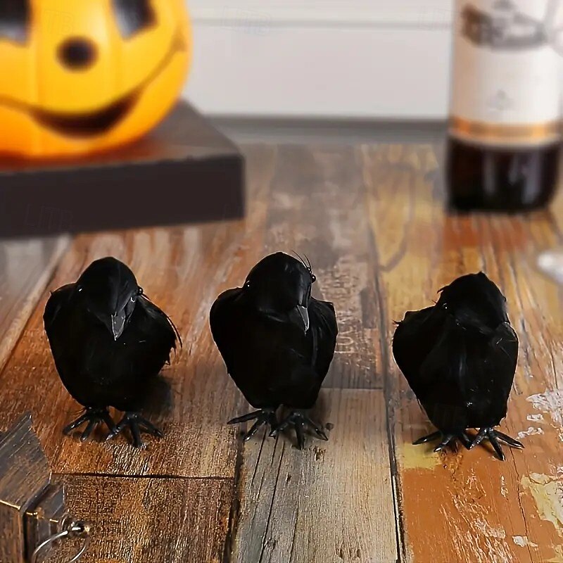 5-Piece Halloween Realistic Black Crow Set with Faux Feathers, Vintage Halloween Decor, Non-Electric, Indoor Seasonal Display, Gothic Home and Party Decoration4
