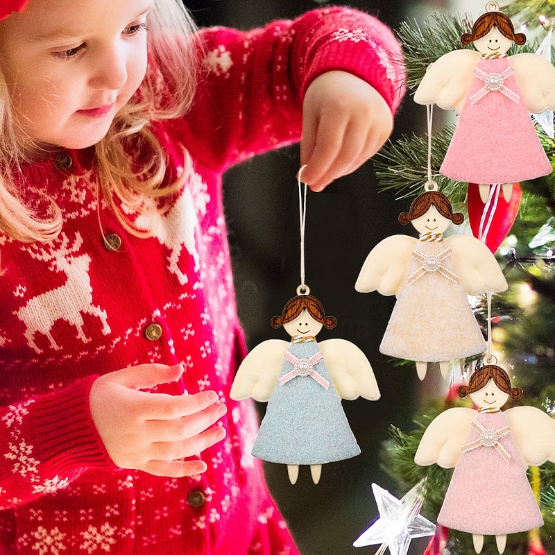 4pcs Christmas Angel Hanging Ornaments, Wooden and Felt Angel Decorations, Girl Figurine Christmas Tree Decor, Holiday Home and Party Hanging Accessories4