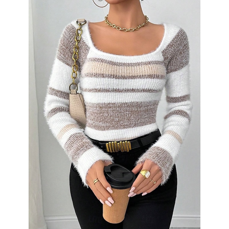 Women's Sweater Casual Soft Striped Ribbed Crew Neck Knitted Long Sleeve Regular Tops Knit Outdoor Daily Weekend Pink Blue Fall Winter