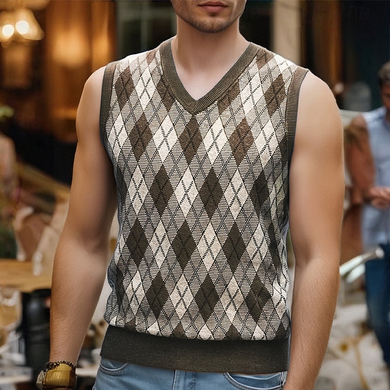 Men's Sweater Vest Dress Sweater Pullover Sweater Jumper Vest Knit Sweater Ribbed Knit Regular Tops Knitted Argyle V Neck Fashion Casual Vacation Daily Wear Clothing Apparel Fall Winter Dark Gray3