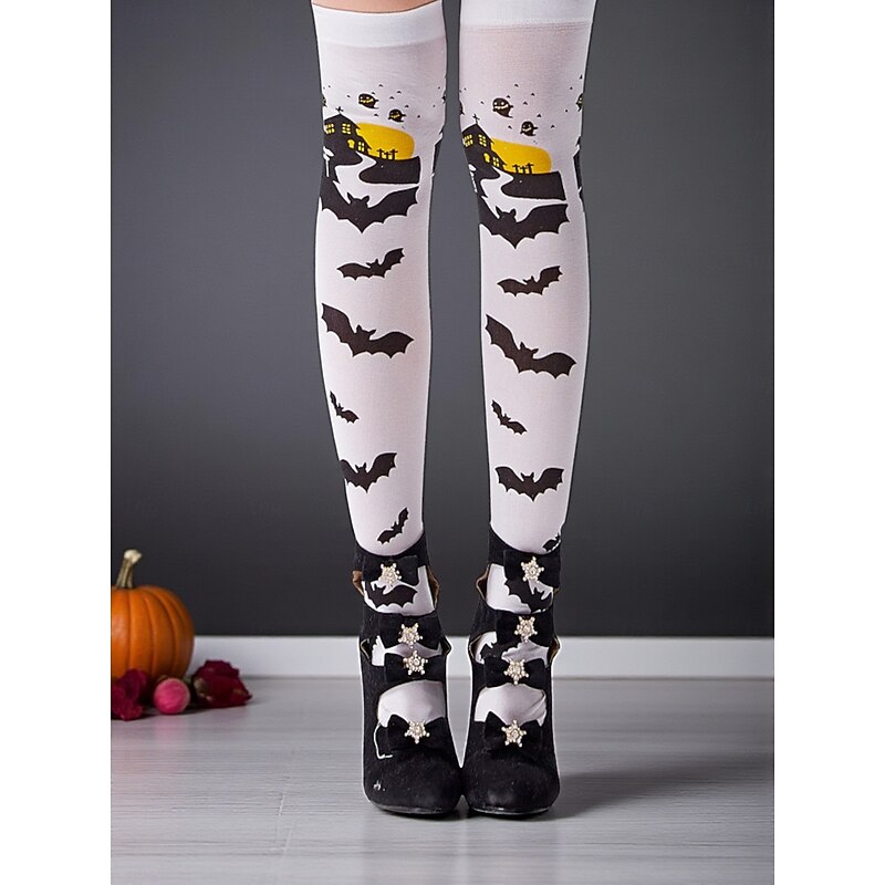 Women's Orange Over-the-Knee Socks with Black Bat and Haunted House Print, Fun Halloween Party Hosiery4