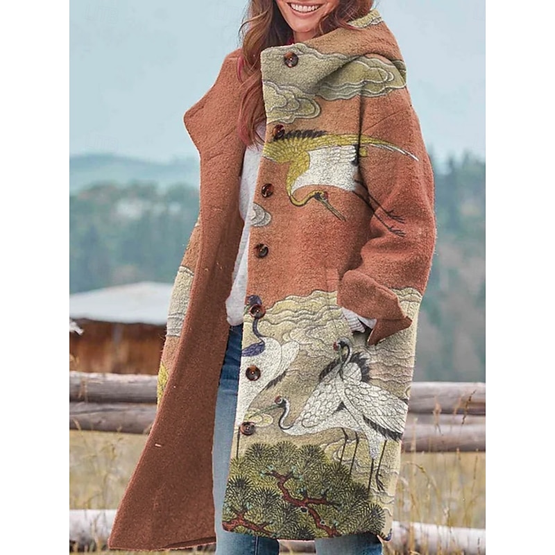 Women's Winter Jacket Fleece Jacket Coat Warm Breathable Pocket Buttons Print Active Daily Casual Scenery Vacation Street Daily Single Breasted Long Hoodie Regular Fit Long Sleeve Outerwear Yellow2