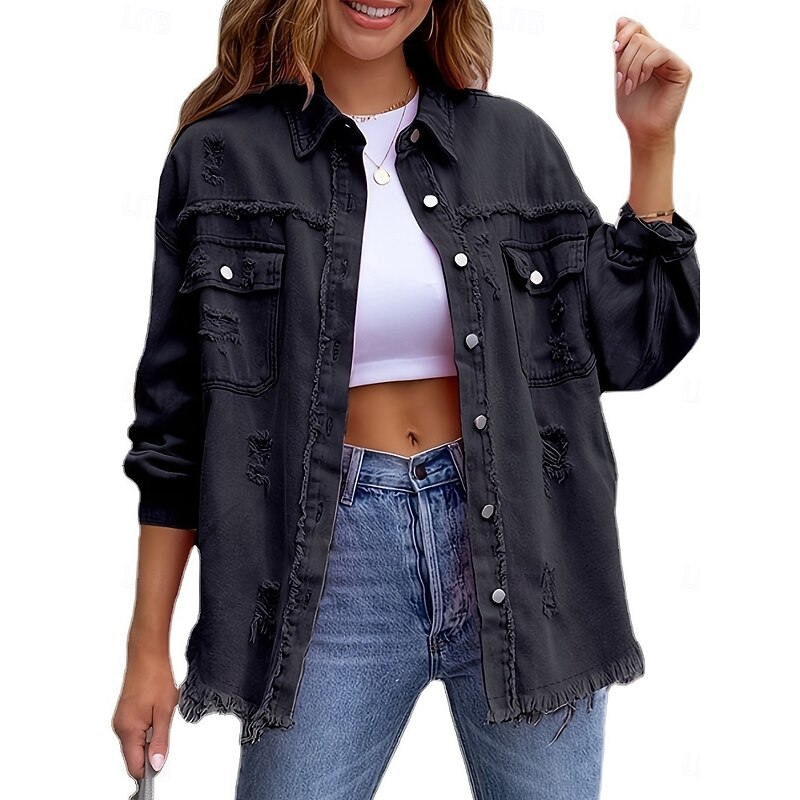 Women's Casual Jacket Comfortable Breathable Pocket Tassel Casual Street Style Plain Vacation Street Casual Daily Wear Single Breasted Regular Turndown Regular Fit Long Sleeve Outerwear Black Pink2