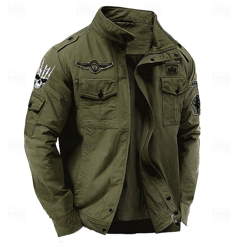 Men's Cotton Embroidered Military Jacket Windbreaker with Shoulder Straps Long Sleeve Standing Collar Multi-Pockets Trucker Jacket Skull Skeleton Print Tactical Outerwear3