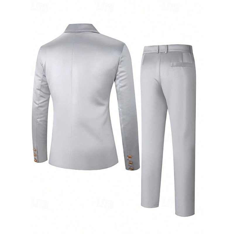Men's Blazer Set Business Cocktail Party Wedding Party 2 Piece Fashion Casual Spring Fall Polyester Plain Pocket Buttons Comfortable Single Breasted Blazer Silver3