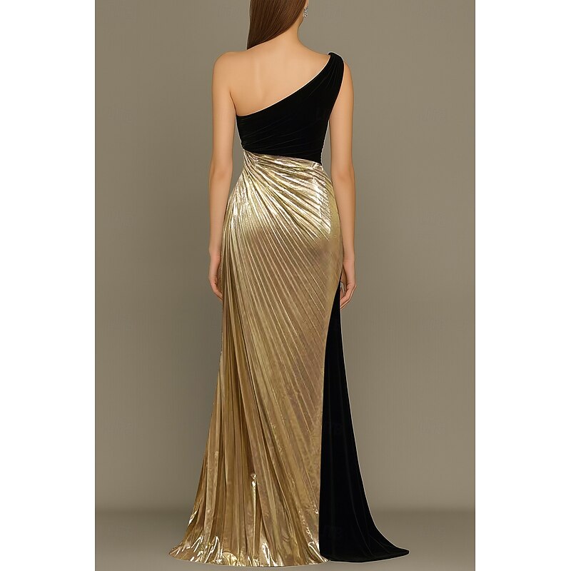 Black Gold Column Evening Gown Elegant Dress Formal Wedding Guest Floor Length Sleeveless One Shoulder Mother Of the Bride Dress Satin with Rhinestone Pleats2
