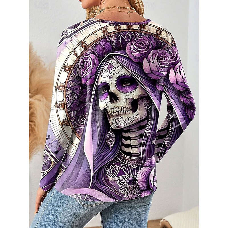 Halloween Women's T Shirt Skulls Floral Graphic Vintage Stylish Classic Long Sleeve Crew Neck Regular Tops Daily Print Blue Purple Orange Green Gray Spring Fall Winter2