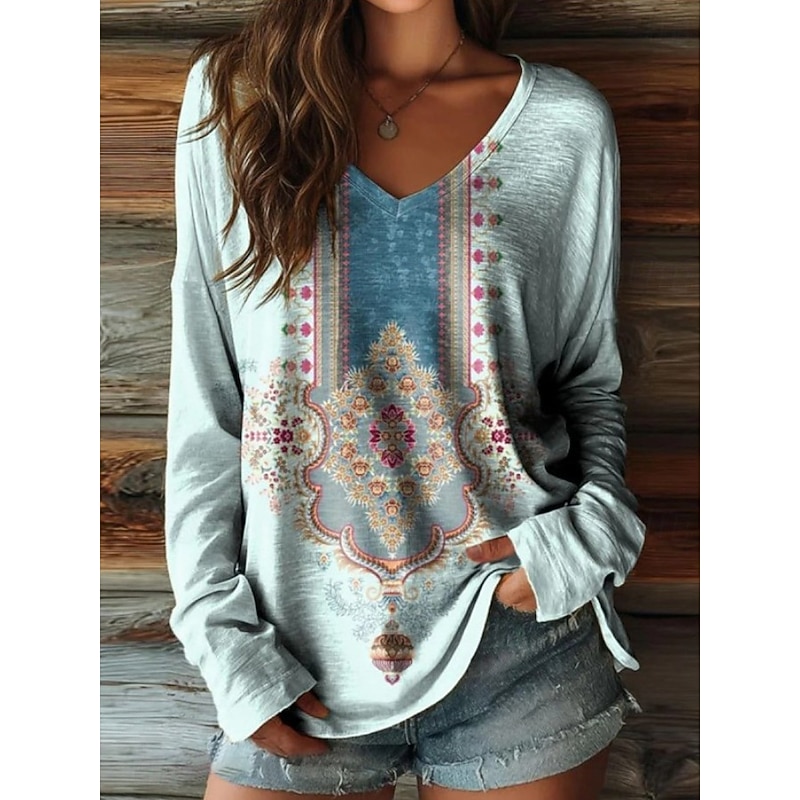Women's T Shirt Floral Graphic Plants Vintage Stylish Casual Long Sleeve V Neck Regular Tops Daily Weekend Print Pink Blue Gray Light Blue Summer Spring Fall