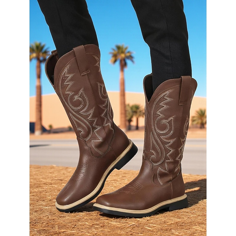 Women's Brown Embroidered Western Work Boots – Square-Toe Cowboy Boots for Ranch Wear, Desert Hikes and Farm Chores