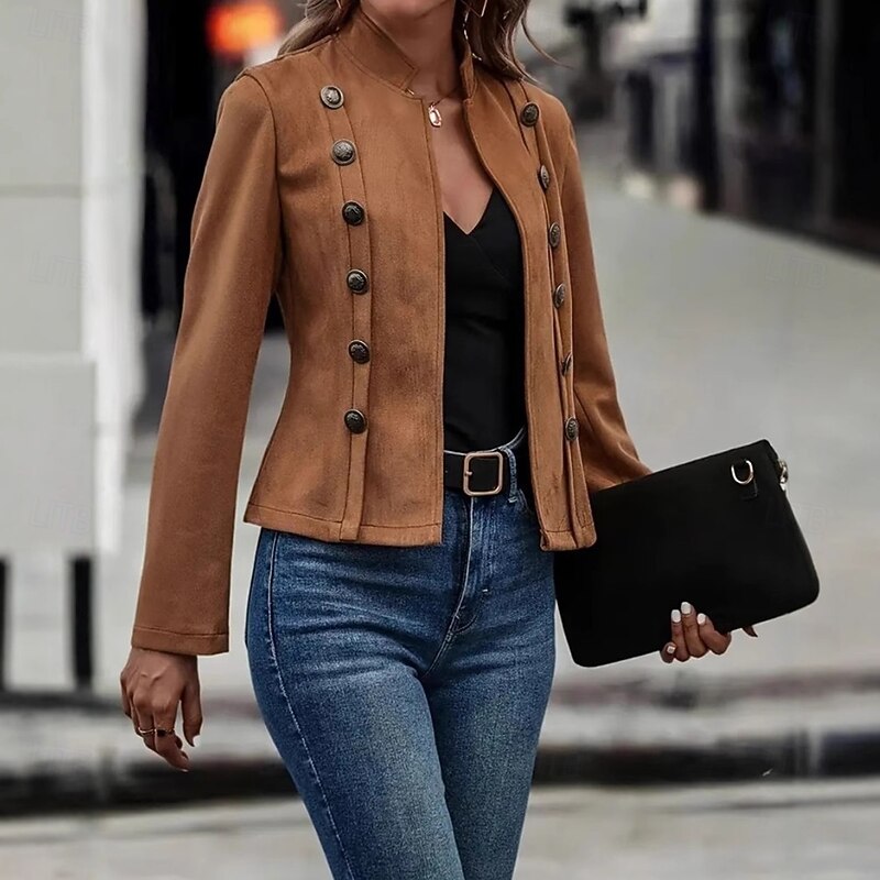 Women's Winter Jacket Warm Patchwork Buttons Elegant Vintage Fashion OL Style Plain School Outdoor Vacation Home Double Breasted Short Stand Collar Regular Fit Long Sleeve Outerwear Dark Khaki Light2