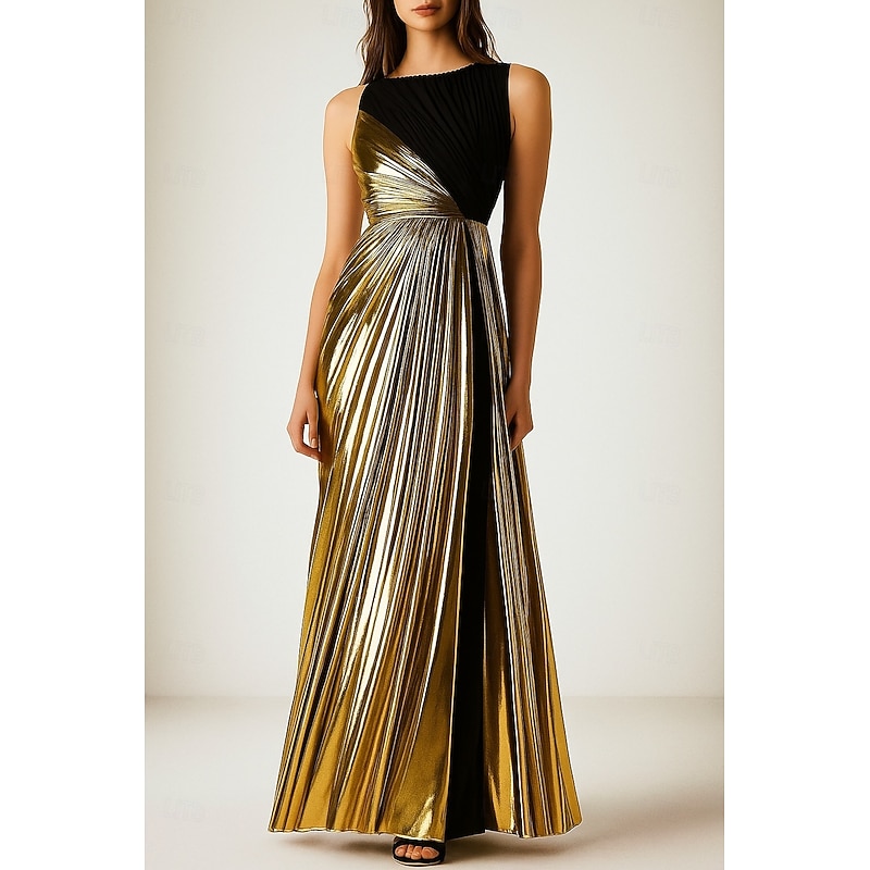 Black Gold A-Line Evening Gown Elegant Dress Formal Wedding Floor Length Sleeveless Crew Neck Satin with Rhinestone Pleats 2025