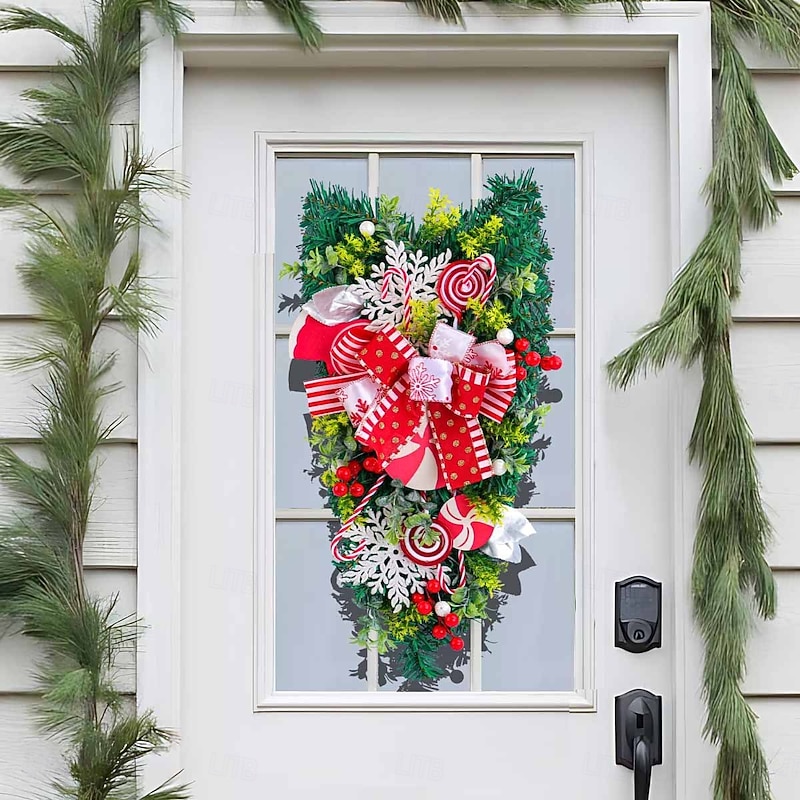 Christmas Wreath for Front Door Xmas Indoor Outdoor Decoration with Inverted Christmas Tree Candy Hanging Wall Ornament for Holiday Home Mall Party Display4