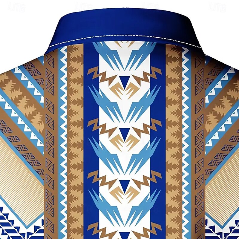 Men's Ethnic Indian Culture Navajo Pattern Shirt Button Up Shirt Casual Dress Shirt Long Sleeve Vintage Retro Vacation Daily Streetwear Summer Spring Turndown 3D Print Collared Shirts Dark Blue3