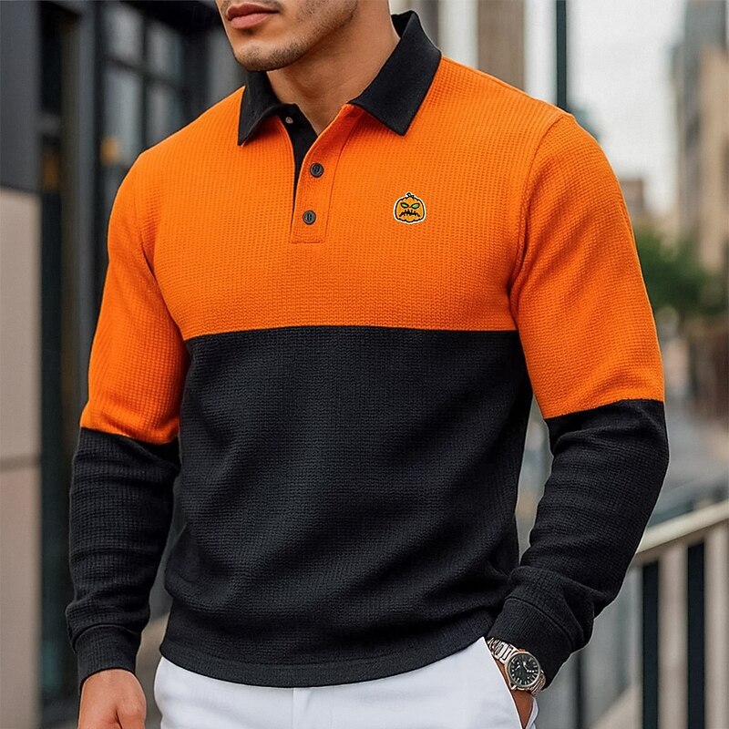 Men's Waffle Polo Shirts Polo Shirts Formal Casual Ribbed Polo Collar Long Sleeve Fashion Pumpkin Color Block Buttons Fall Spring &  Fall Regular Fit Black / Orange Waffle Polo Shirts