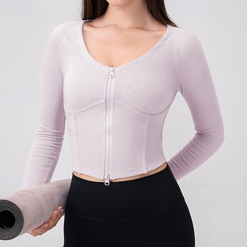 Women's Activewear Crew Neck Breathable Full Zip Long Sleeve Sports Solid Color Top For Gym Athletic Sports Activewear3