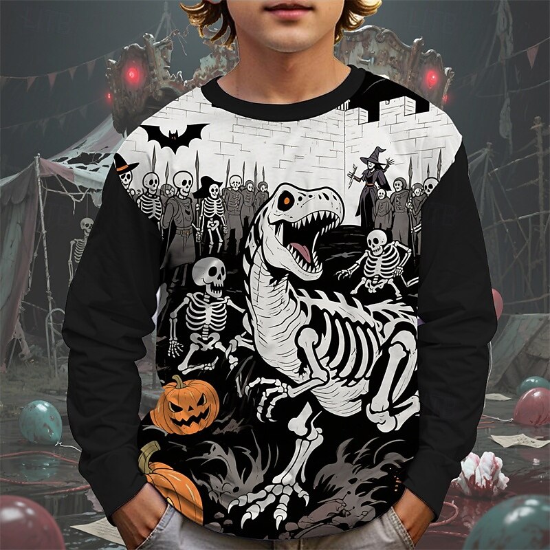 Halloween Boys' 3D Cartoon Skull Ghost T shirt Tee Long Sleeve Spring Fall Fashion Basic Kids 4-12 Years Crew Neck Outdoor Casual Daily Regular Fit3