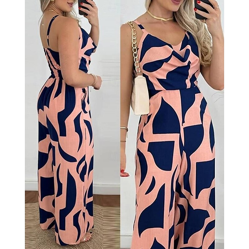 Women's Normal Jumpsuit Active Graphic Sleeveless V Neck High Waist Backless Vacation Daily Regular Fit Black Pink Blue Summer2