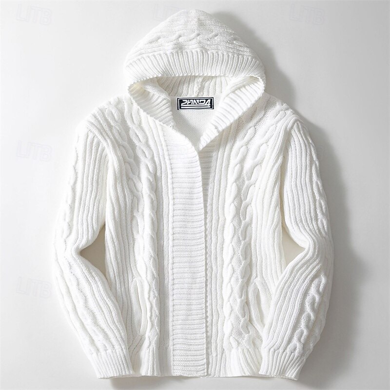 Men's Cardigan Sweater Cropped  Sweater Knit Sweater Ribbed Knit Regular Tops Plain Hooded Fashion Classic Vacation Daily Wear Clothing Apparel Fall Winter White khaki M L XL2