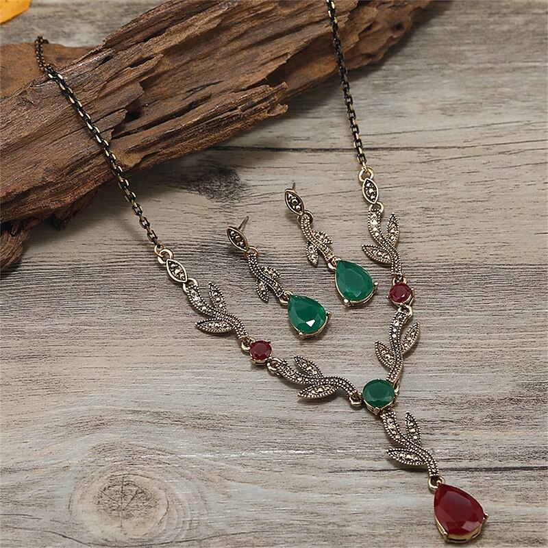 Jewelry Set Two-piece Suit Green Rhinestone Chrome 1 Necklace Earrings Women's Elegant Vintage Fashion Vintage Style Classic Jewelry Set For Wedding Party Valentine's Day3