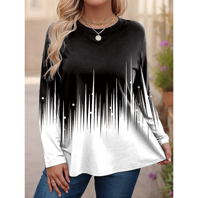 Women's Plus Size Tops T Shirt Ombre Geometry Print Long Sleeve Crew Neck Casual Daily Polyester Fall Winter White Yellow2