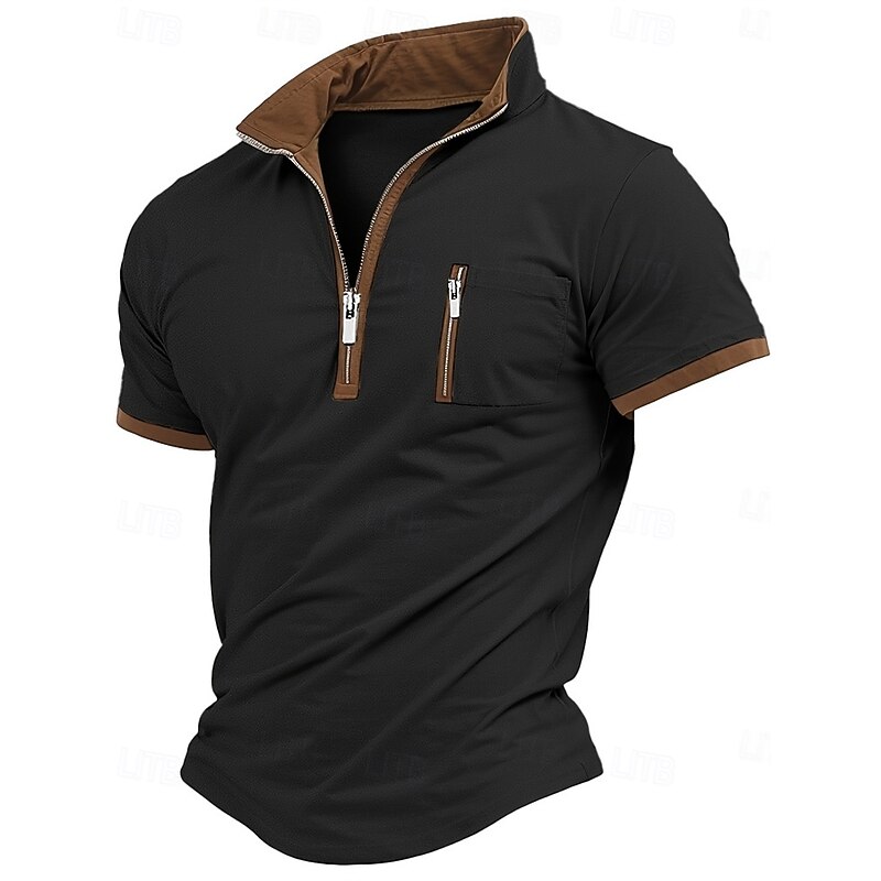 Men's Polo Shirts Quarter Zip Polo Daily Wear Date Quarter Zip Short Sleeve Fashion Basic Color Block Zipper Pocket Summer Regular Fit Black Blue Khaki Army Green Polo Shirts4