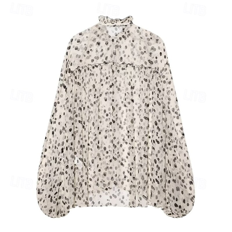 Women's Shirt Flowy Tops Polka Dot Elegant Bohemia Vintage Long Sleeve Lantern Sleeve High Neck Regular Tops Work Daily Holiday Tie Front Ruffle Beige Summer Spring2