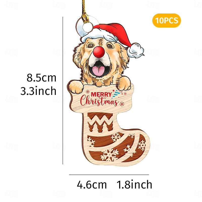10PCS Christmas Wooden Dog Ornaments, Cute Colorful Printed Puppy Hanging Decorations, Festive Xmas Tree Hanging Tags for Home, Store Window, and Holiday Party Decor4