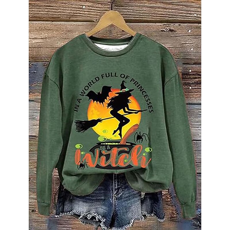 Halloween Women's Pullover Sweatshirt Witch Graphic Fashion Casual Long Sleeve Crew Neck Regular Tops Street Dailywear Casual Print Orange Green Beige Gray Fall Winter3