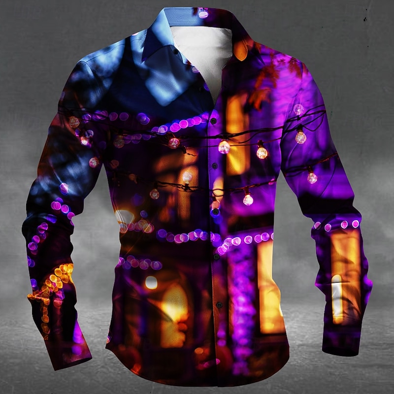 Halloween Men's Pumpkin Haunted House Jack-o'-lantern Shirt Button Up Shirt Long Sleeve Dark Punk Gothic Style Outdoor Holiday Summer Spring Turndown 3D Print Collared Shirts Blue Purple Orange2