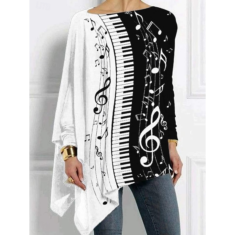 Women's T Shirt Graphic Geometric Abstract Vintage Stylish Casual Long Sleeve Crew Neck Long Tops Daily Print Asymmetrical Black White Yellow Red Spring Fall