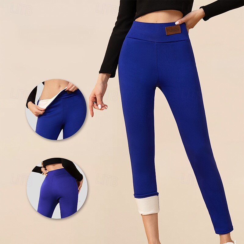 Women's Sherpa Pants Winter Warm Thick Leggings Fleece Lined High Waist Gym Athletic Pilates Bottoms Solid Color Blue Dark Blue Sports Activewear