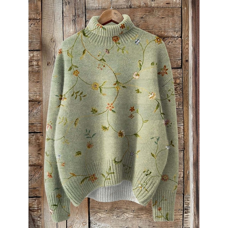 Women's Sweater Cardigan Elegant Fashion Streetwear Floral Turtleneck Floral Buttons Knitted Long Sleeve Regular Tops Knit Outdoor Daily Weekend Yellow Navy Blue Fall Winter