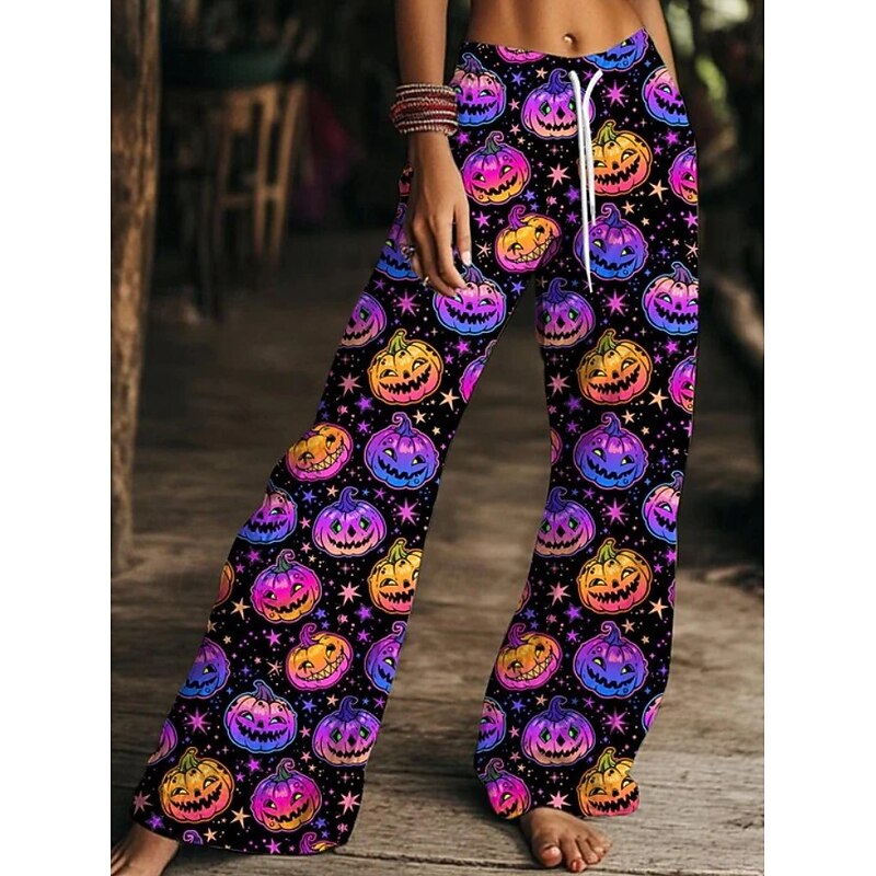 Women's Wide Leg Chinos Pants Trousers Active Fashion Comfort Full Length High WaistPantsHalloween Graphic Skull Pumpkin Drawstring Patchwork Printing Soft Breathable Inelastic Vacation Street Causal2