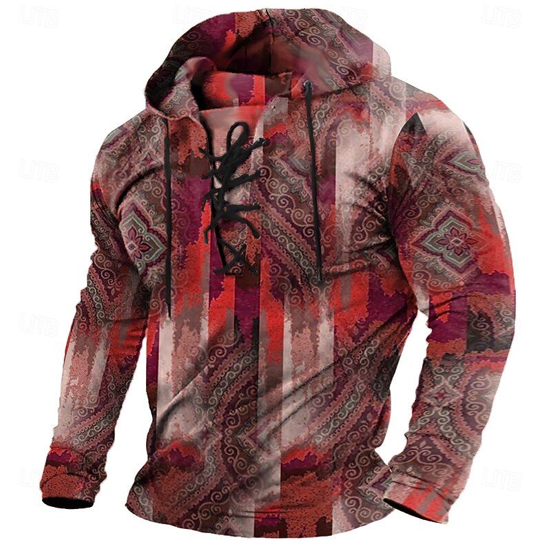 Men's Tribal Abstract Bandana Print Stylish Ethnic Long Sleeve Hooded Streetwear Yellow Red Drawstring Fall Winter Designer