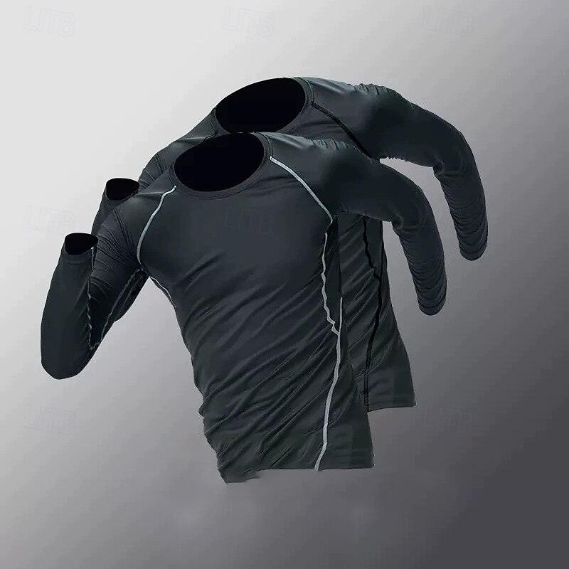 Men's Compression Shirt Workout Tops Long Sleeve Top Athleisure Solid Colored Quick Dry Breathable Basketball Running Yoga Sportswear Activewear black+dark grey Black Rough Black