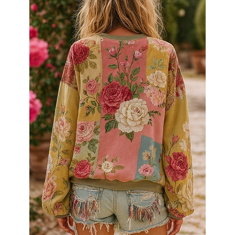 Women's 3D Print Vintage Boho Hoodie Patchwork Hoodie Sweatshirt Floral Pullover Sweatshirt Warm Active Vintage Long Sleeve Tops Street Dailywear Patchwork Yellow Red Blue Orange Spring Fall Winter3