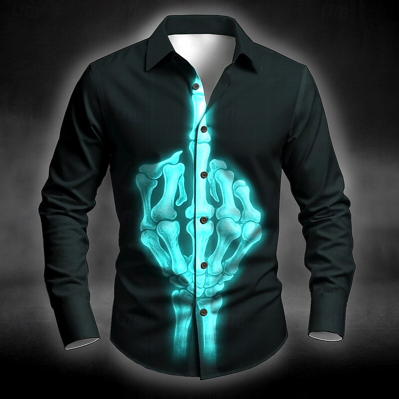 Halloween Men's Skeleton Middle Finger Halloween Costumes Shirt Button Up Shirt Long Sleeve Dark Punk Gothic Style Outdoor Holiday Summer Spring Turndown 3D Print Collared Shirts Blue Purple Orange2