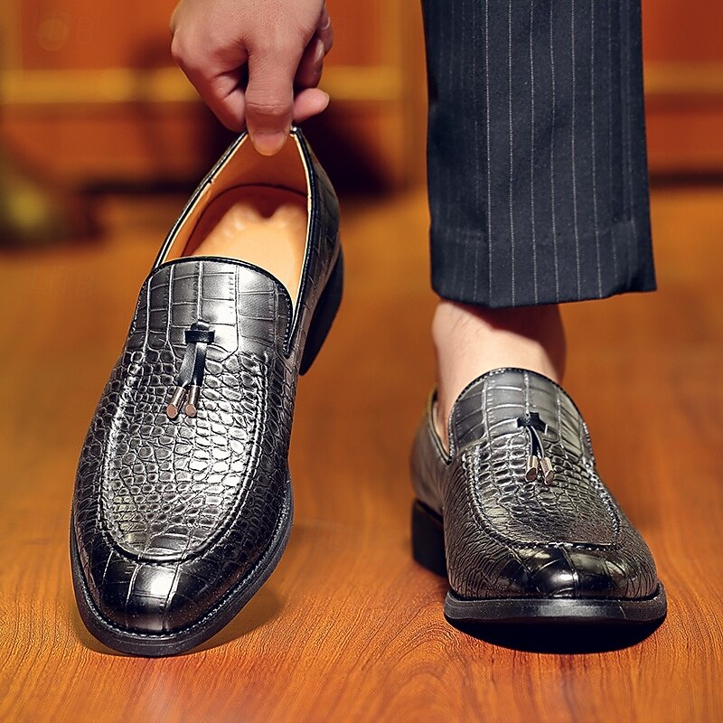 Men's Black Croc-Embossed Slip-On Loafers – Fashionable Dress Shoes for Office and Evening Events4