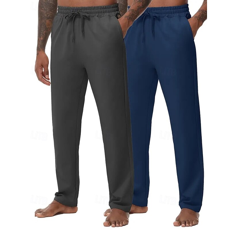 Multi Packs 2pcs Men's black+dark grey Sweatpants Trousers Drawstring Elastic Waist Plain Vacation Daily Wear Polyester Spring3