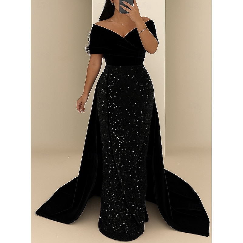 Black Tie Sequined A-Line Sheath / Column Evening Gown Elegant Dress Formal Wedding Floor Length Short Sleeve Off Shoulder Satin with Glitter 20254