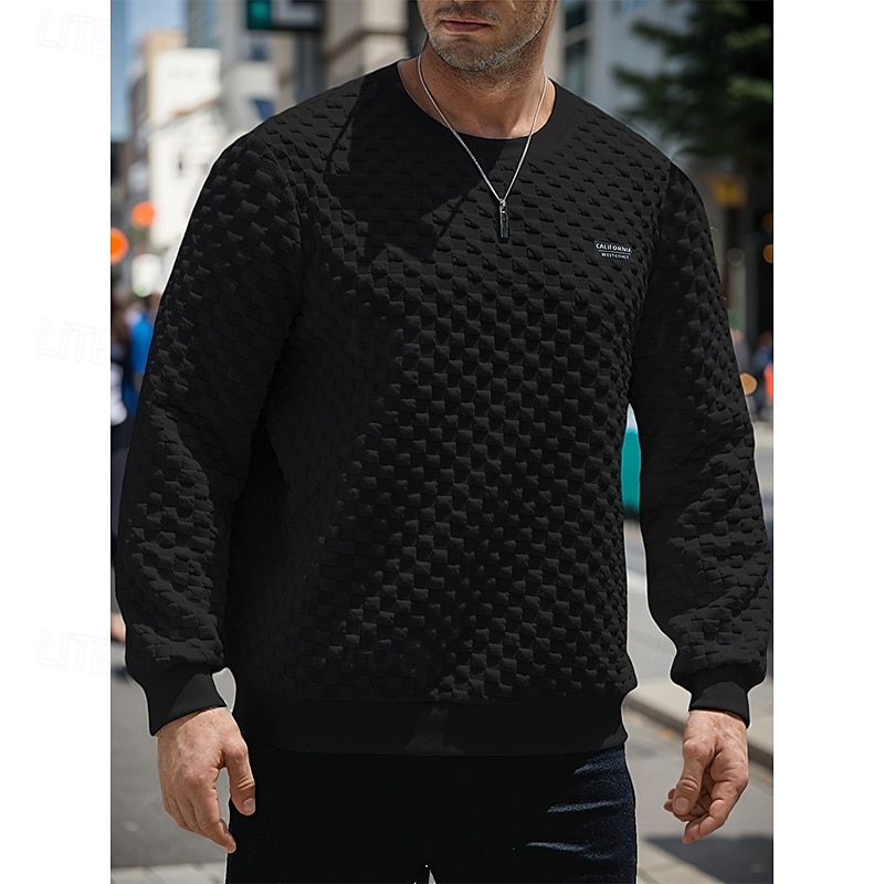 Men's Sweatshirt Waffle Sweatshirt Pullover Hoodie Sweatshirt Pullover Black White Crew Neck Plain Textured Sports & Outdoor Casual Daily Streetwear Cool Sportswear Spring &  Fall Clothing Apparel