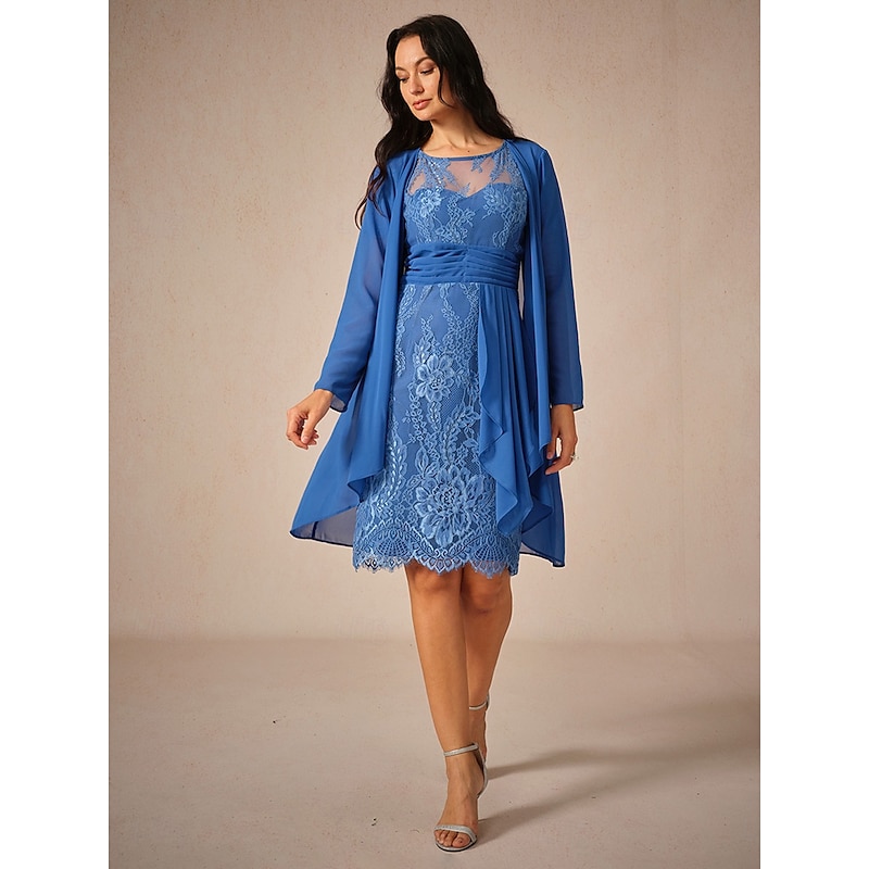 Women's Wedding Guest Jacket Dress Lace Dress Chiffon Dress Cocktail Dresses Formal Dresses Cardigan Ruched Long Sleeve Cocktail Party Blue Spring Summer Fall
