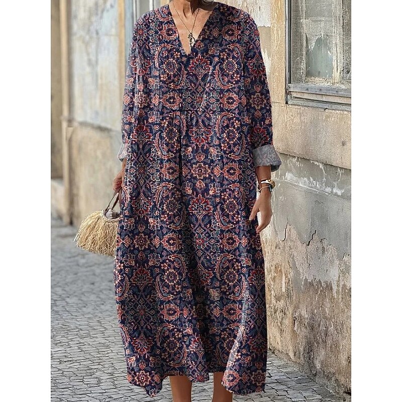 Women's Midi Dress Sundress A Line Dress Vacation Casual Boho Party Holiday Beach Loose Fit Floral Graphic Geometric Long Sleeve V Neck Dark Red Pink Blue Purple Summer Spring Fall4