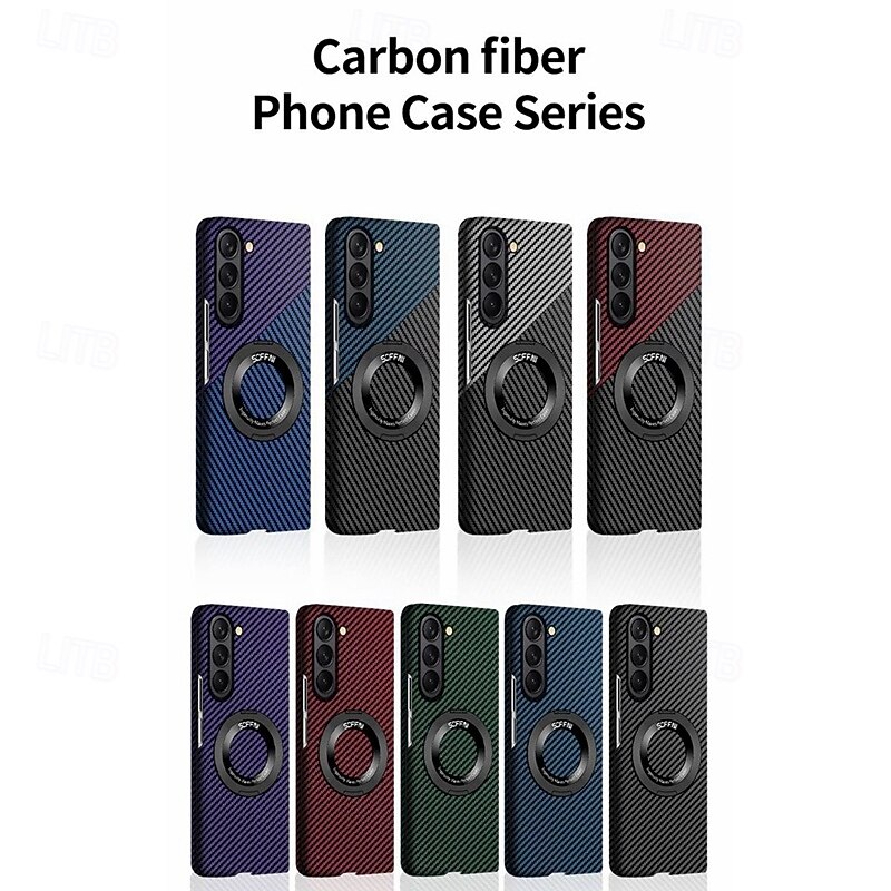 Phone Case For Samsung Galaxy Z Fold 7 Z Fold 5 Z Fold 4 Back Cover Support Wireless Charging Ring Buckle Shockproof Retro Carbon Fiber